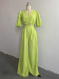 Solid V-neck short sleeve shirt high waist wide leg pants fashion casual suit