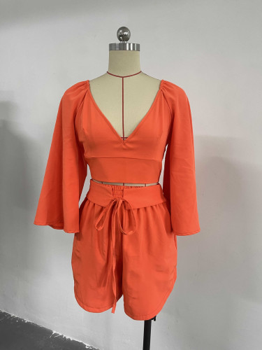 V-Neck Open Back Flare Sleeve Shirt High Waist Shorts Fashion Casual Set