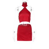 Women's Open Back Hanging Neck Wrapping Chest Sexy Wrapping Hip Short Dress Two Piece Set