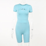 Basic D-shaped embroidered short sleeves, high waist and hip-lifting tight shorts, women's sports suit