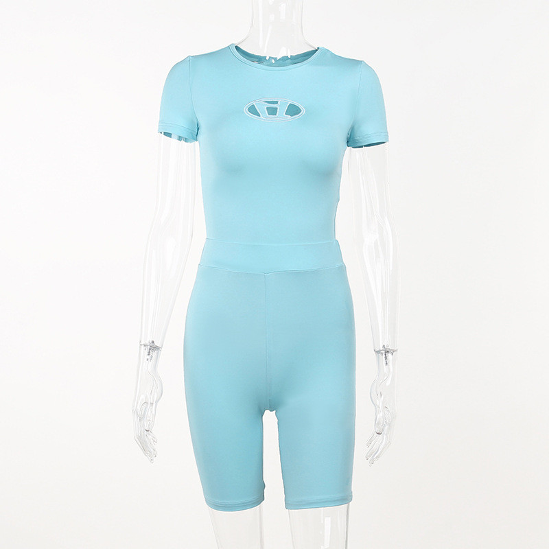 Basic D-shaped embroidered short sleeves, high waist and hip-lifting tight shorts, women's sports suit