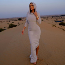 Hooded high elastic long sleeve split temperament slim dress