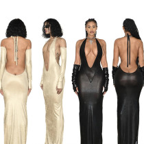 Neck strap deep V backless sexy hip dress