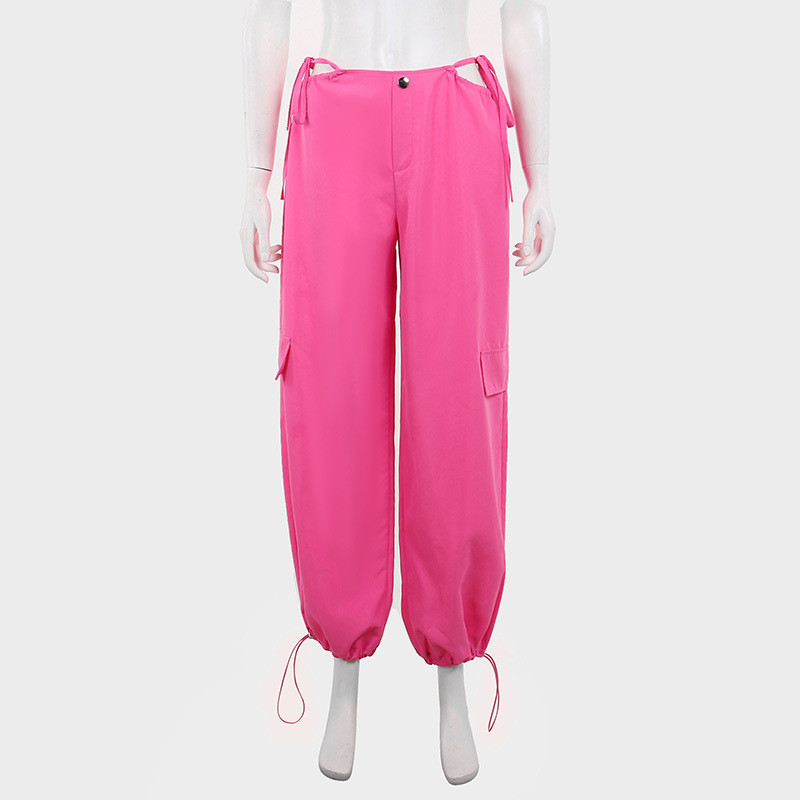 High waist hollow drawstring solid color toe overalls Joker solid color straight pants.