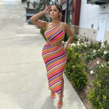Colorful Stripe Sexy Lace Up Open Back Wrapped Chest Split Long Dress Set