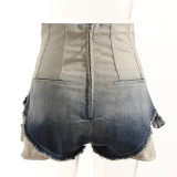 Fishbone High Waist Gradient Feet Edge Design Pocket Leakage Personalized Denim Shorts