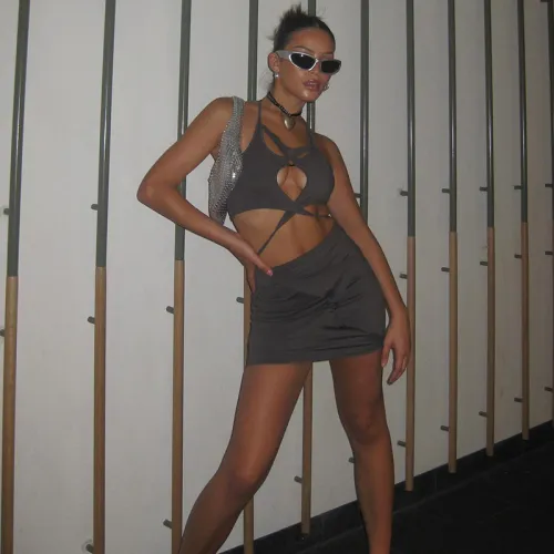 Hanging neck with hot girl sexy hollow slim bag hip skirt suit