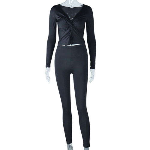 Fashion sexy V-neck long sleeved pants tight casual fitness two-piece set
