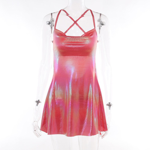 Strap pocket collar backless shiny dress party skirt