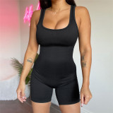 Women's solid color sexy backless low neck hanging neck short sports jumpsuit