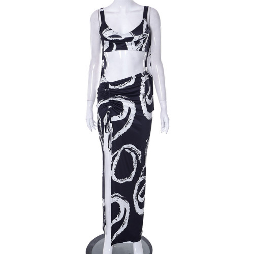 Graffiti Print Spicy Girl Sleeveless Wrapped Chest Half Skirt Set