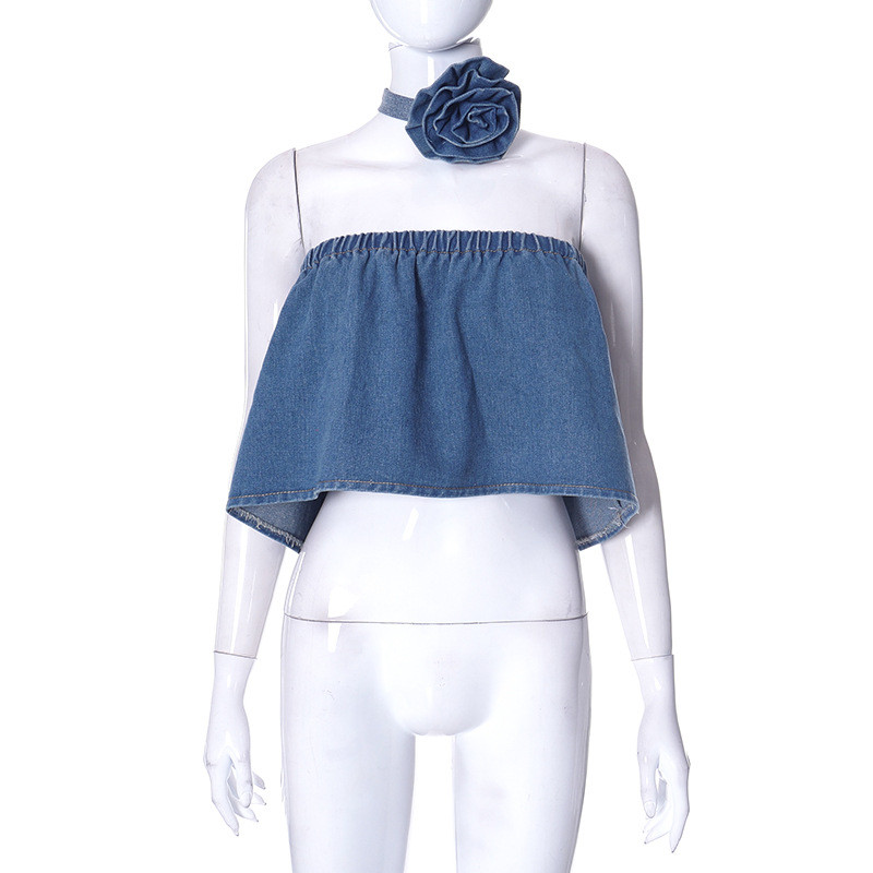 Off Shoulder Short Flower Spicy Girl Denim Bra