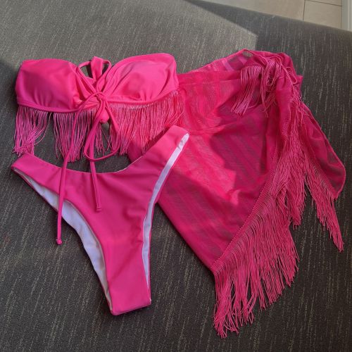 Tassel bra strap mesh three piece swimsuit bikini
