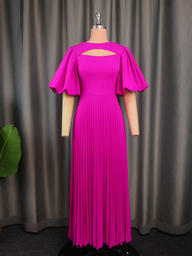 Lantern sleeve hollowed out waist pleated skirt for comfortable commuting casual dress