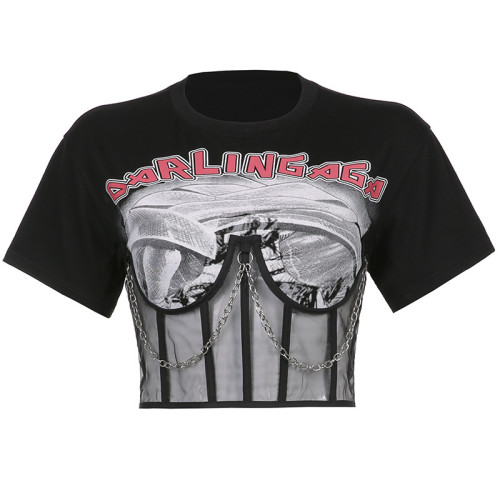 Fashion Irregular Mesh Splice Letter Printing Short Chain T-shirt Top