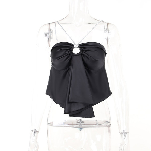 Hollow diamond chain hanging neck bra satin top slim fitting short spicy girl open back T-shirt