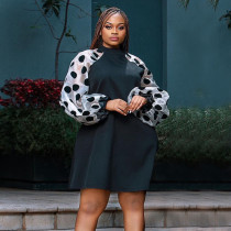 Standing collar lantern sleeve polka dot dress for daily commuting comfort, raglan sleeves, A-line skirt Standing collar lantern sleeve polka dot dress for daily commuting comfort, raglan sleeves, A-line skirt