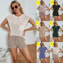 Women's loose casual set, large size with pockets, solid color women's knit shirt