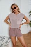 Women's loose casual set, large size with pockets, solid color women's knit shirt