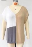 Women's V-neck color matching sleeve top loose casual large T-shirt