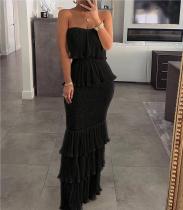 Bust tied pleated ruffled long skirt