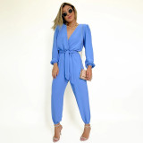Wash water wrinkled V-neck long sleeved lace up high waisted jumpsuit pants