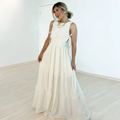 Solid color high waisted sleeveless oversized swing dress long skirt