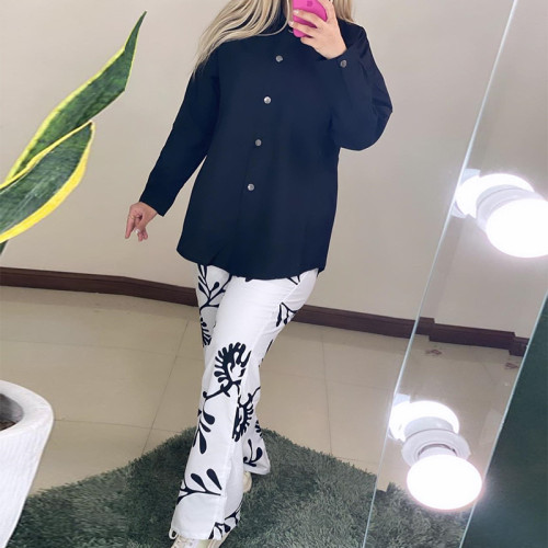 Temperament casual long sleeved lapel shirt printed high waisted pocket casual set