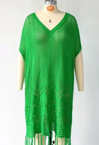 Women's solid color tassel hollowed out knit shirt loose oversized beach skirt