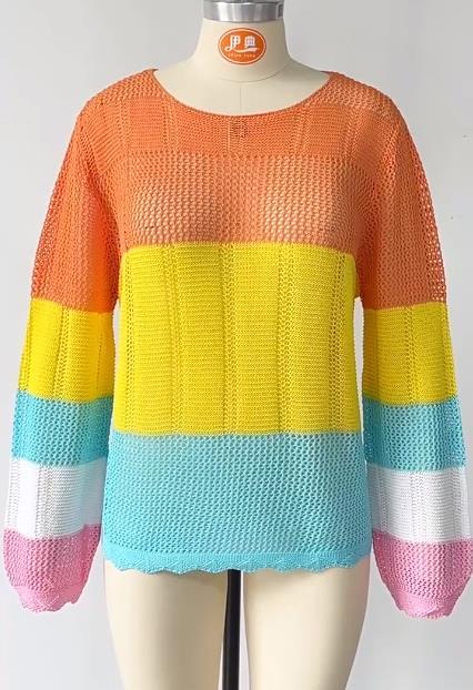 Women's color matching hollowed out knitted beach shirt seaside vacation long sleeved sun protection shirt