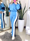 Stripe color matching round neck lantern sleeve long sleeved high waisted straight leg pants two-piece set