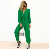 Wash water wrinkled V-neck long sleeved lace up high waisted jumpsuit pants
