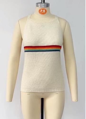 Women's Rainbow Colored Hanging Neck Top Fashion Open Back Knitted Lace Up Tank Top