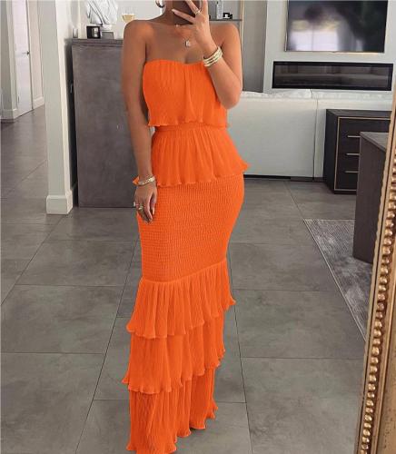 Bust tied pleated ruffled long skirt