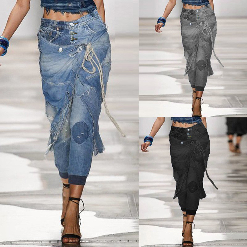 Comfortable and casual stitching with torn holes and lace up threaded small leg jeans