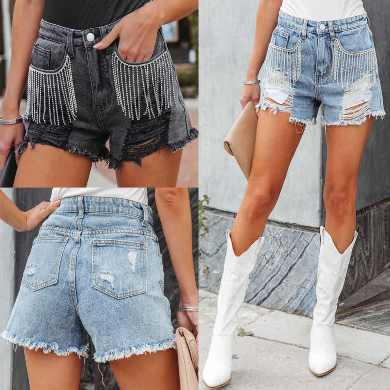 Fashion casual chain tassel torn denim shorts