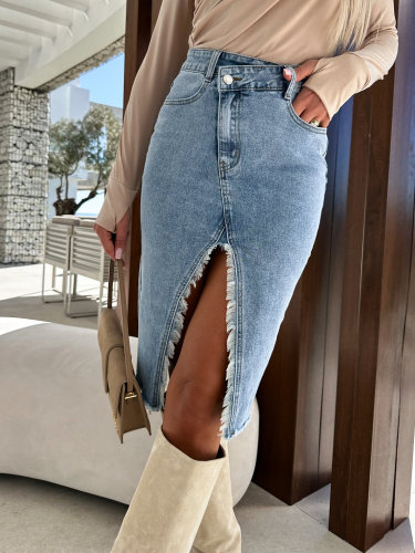 Split fashion casual solid denim buttocks skirt