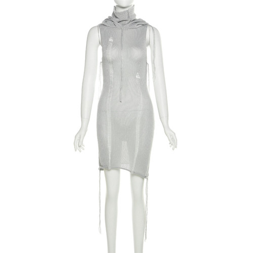 Sexy High Neck Hooded Knitted High Waist Tight Solid Color Hip Wrap Dress