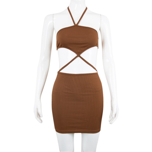 Women's fashion lining with hollowed out small tank top and buttocks wrapped dress