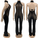 Women's sexy mesh patchwork hanging neck jumpsuit