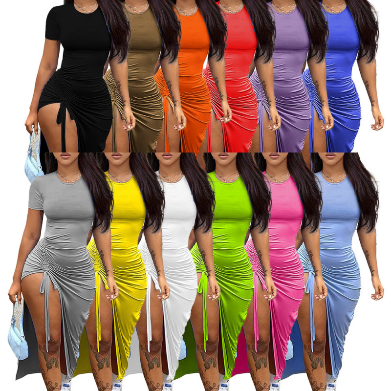 Women's fashion, sexy, slim fitting, solid color pleated, split drawstring dress