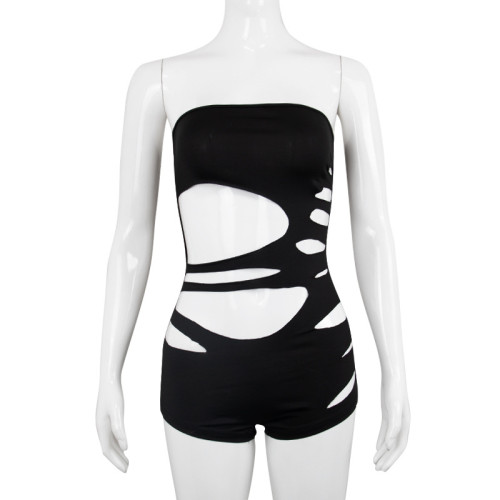 Solid Burnt Perforated Chest Wrapping Sexy One Piece Shorts
