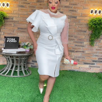 Individualized and Asymmetric Style Dress Elegant Standing Neck Beaded Wrapped Hip Skirt Individualized and Asymmetric Style Dress Elegant Standing Neck Beaded Wrapped Hip Skirt