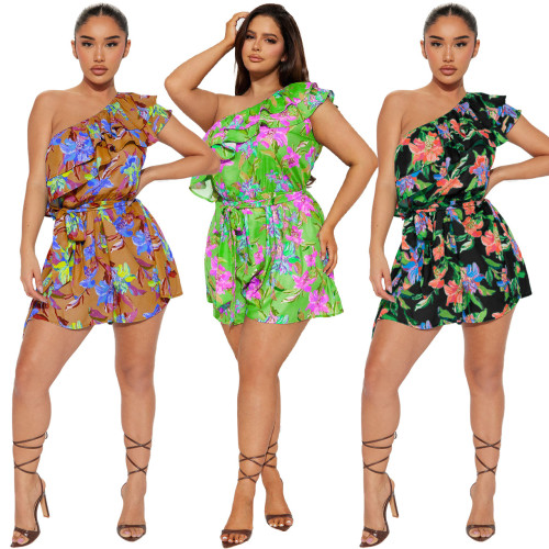 Sexy and fashionable printed diagonal shoulder jumpsuit