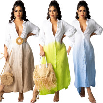 Single breasted lapel contrasting shirt with slit open leg dress Single breasted lapel contrasting shirt with slit open leg dress