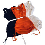Women's cotton pit stripe high elastic V-neck open waist drawstring embroidered short skirt set Y71356