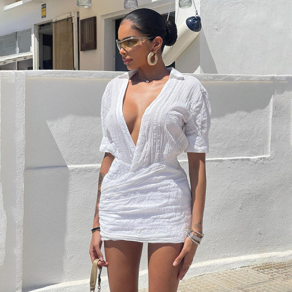 Women's Summer Featured Pleated Deep V-Neck Mid Sleeve Polo Shirt Wrapped Hip Dress Short Dress