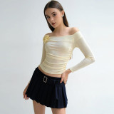 Off Shoulder Long Sleeve Tight Pleated T-shirt Top with Off Neck