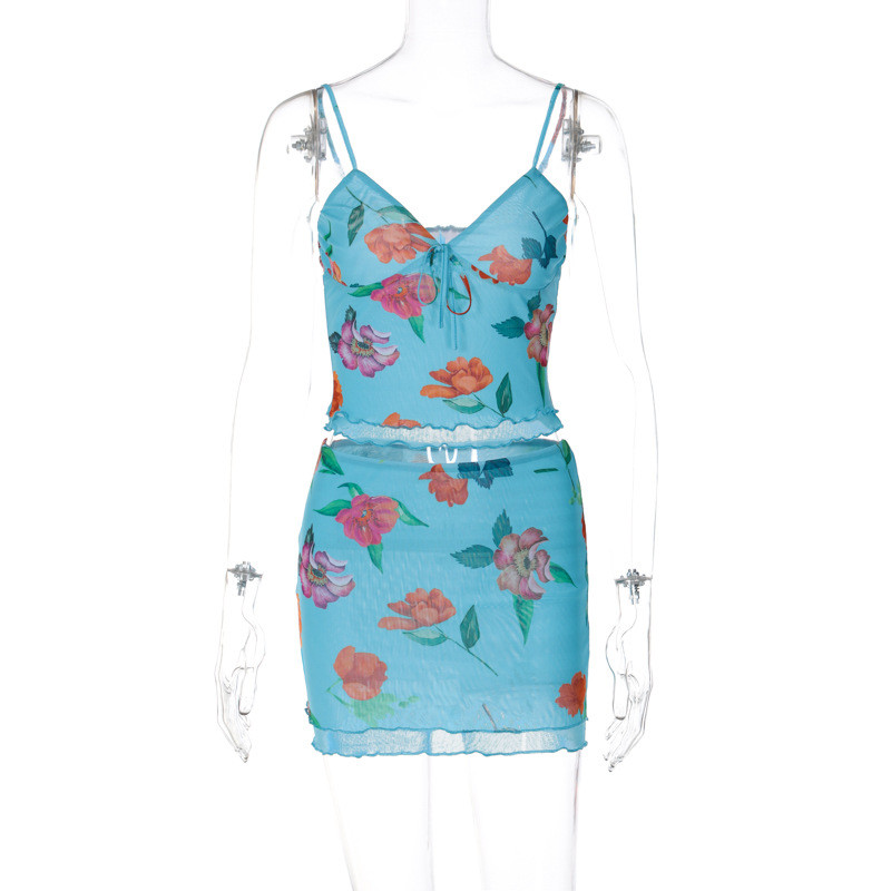 Mesh printed V-neck suspender vest skirt two-piece set
