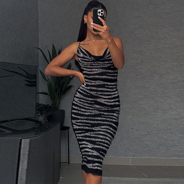 Personalized hot diamond sexy low cut swing neck open back strap wrap buttocks dress